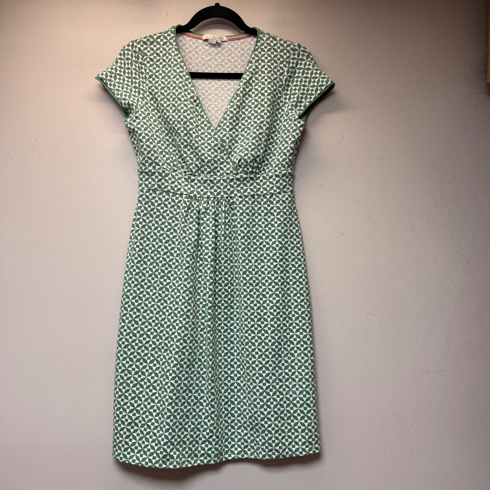 Boden Dress Womens 4R Green White Excellent Geometric Jersey V-Neck Short Sleeve